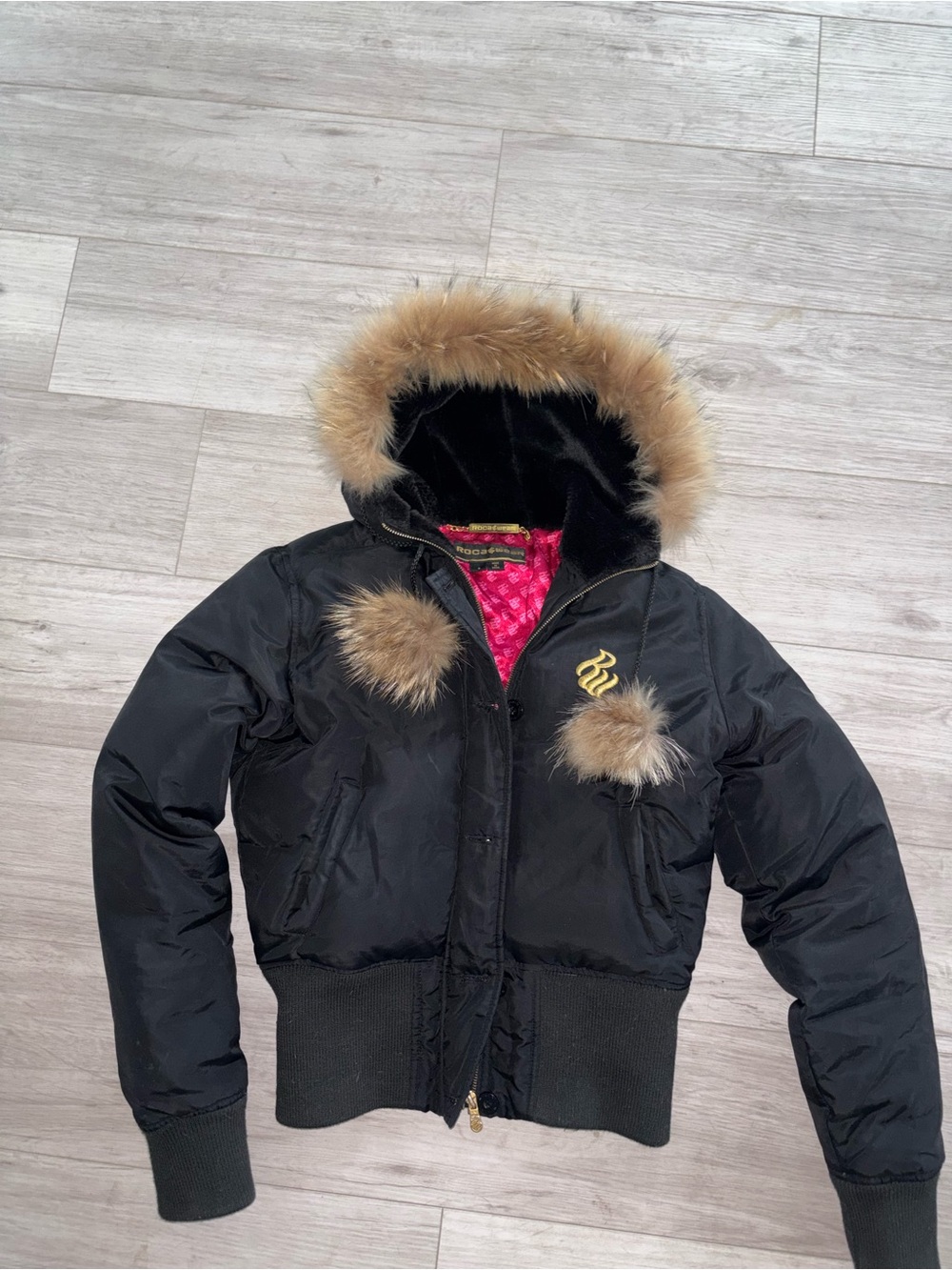 Rocawear Black Hooded Puffer Jacket with Faux Fur Trim